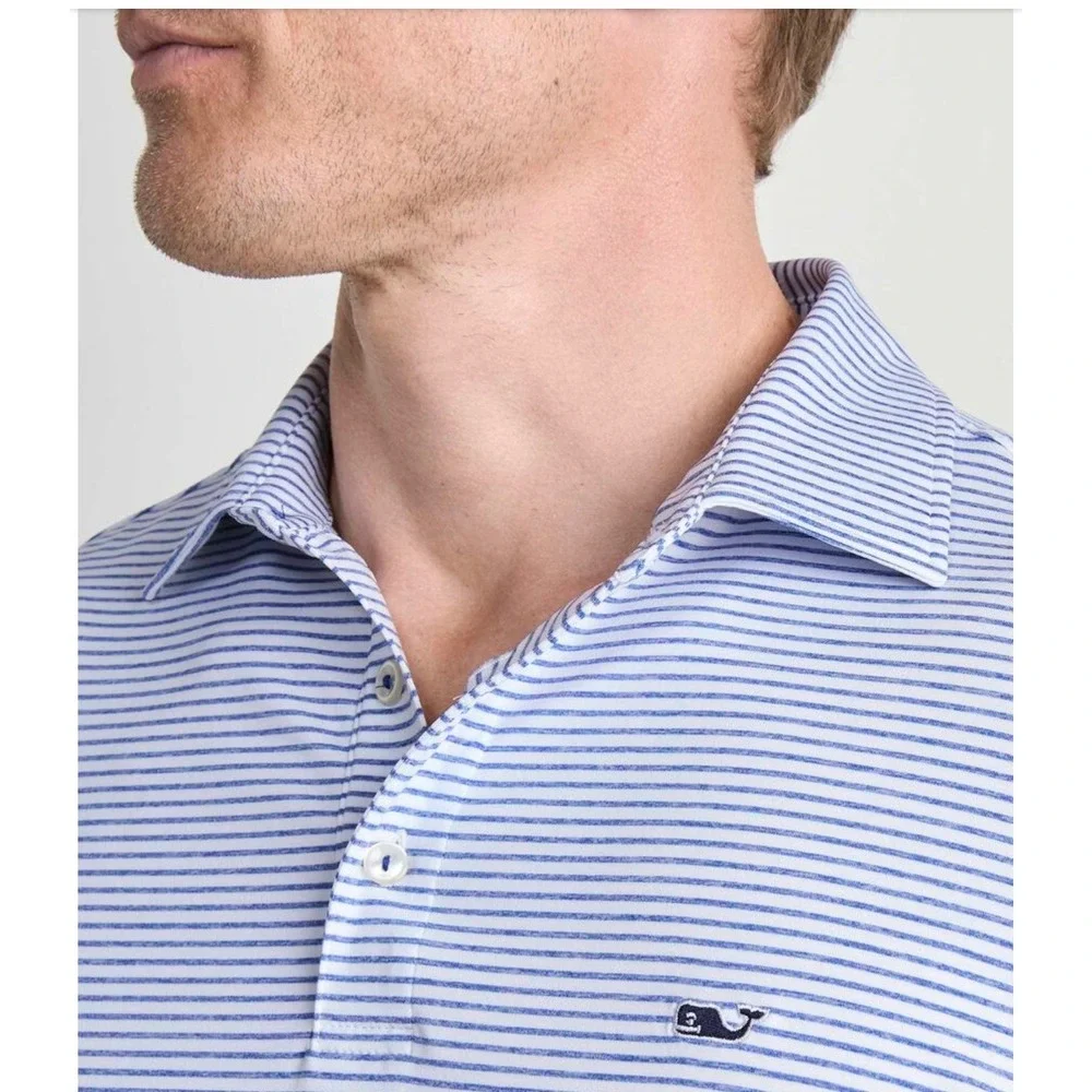 Vineyard Vines Bradley Performance Mens XL Polo Blue White Striped Whale Logo - Picture 4 of 6